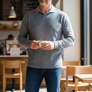 JAHNE BARNES Silk Long Sleeve Polo Shirt in Gray / Blue Small